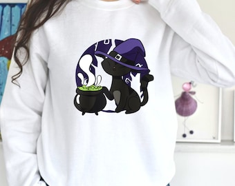 Halloween Black Cat Sweatshirt,Trendy Halloween Outfit,Cat Lover Shirt,Black Cat Shirt,Halloween Party, Fall Sweatshirt,crewneck sweatshirt,