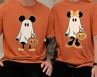 Comfort Colors® Retro Mickey Minnie Halloween Couple Shirts,Mickey and Minnie Ghost Shirt,Spooky Season Shirt,Mickey Minnie Disney Halloween