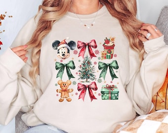 Disney Coquette Bows Gingerbread Christmas Tree Sweatshirt, Disneyland Family Holiday Christmas Sweatshirt, Mickey's Christmas Party 2024