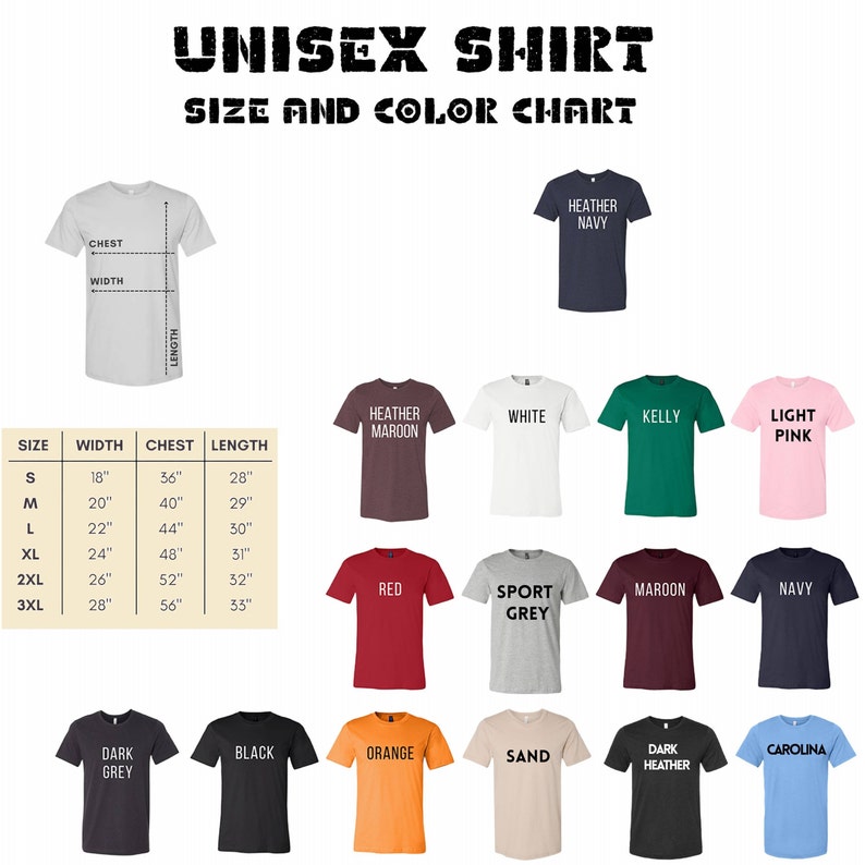 Pode incluir: Uma tabela de tamanhos e cores de camisetas unissex. A tabela exibe v&aacute;rias cores de camisetas, incluindo Heather Navy, Branco, Verde Kelly e Rosa Claro. Uma tabela de tamanhos mostra as medidas de peito, largura e comprimento em cm para os tamanhos S a 3XL. O texto "UNISEX SHIRT" est&aacute; no topo.