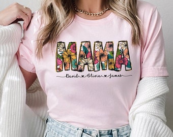 Camisa floral de mamá, camisa de brillo de mamá flor, mamá flor con nombres de niños, camisa de mamá doodle, camisa personalizada de mamá groovy, regalo del día de la madre