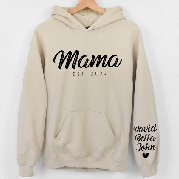 Custom Mama hoodie with Kid Name on Sleeve, Custom Mothers Day Hoodie, Gift for Grandma, Nana Hoodie, Personalized Mimi Est Date Hoodie