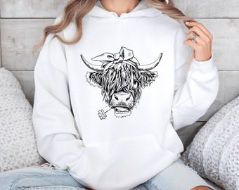 Highland Cow Hoodie, Cow  Gift For Farmers, Western Lover Sweatshirt, Cowboy Sweater, Cute Cowgirl Hoodie, Heifer Hoodie, Gifts for Girls