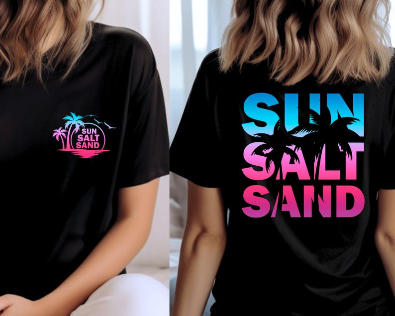 Pode incluir: Camiseta preta com um design colorido de palmeiras e as palavras "SUN SALT SAND" em gradiente de azul, rosa e roxo. O design est&aacute; na frente e atr&aacute;s, evocando um tema de praia.