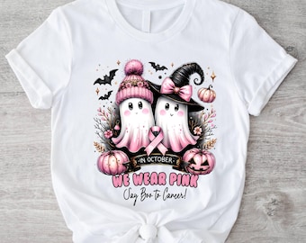 Breast Cancer Shirt,In October We Wear Pink Ghost T-Shirt,Pink Ribbon Shirt, Cancer Warrior Tee,Halloween Breast Cancer Awareness Shirt