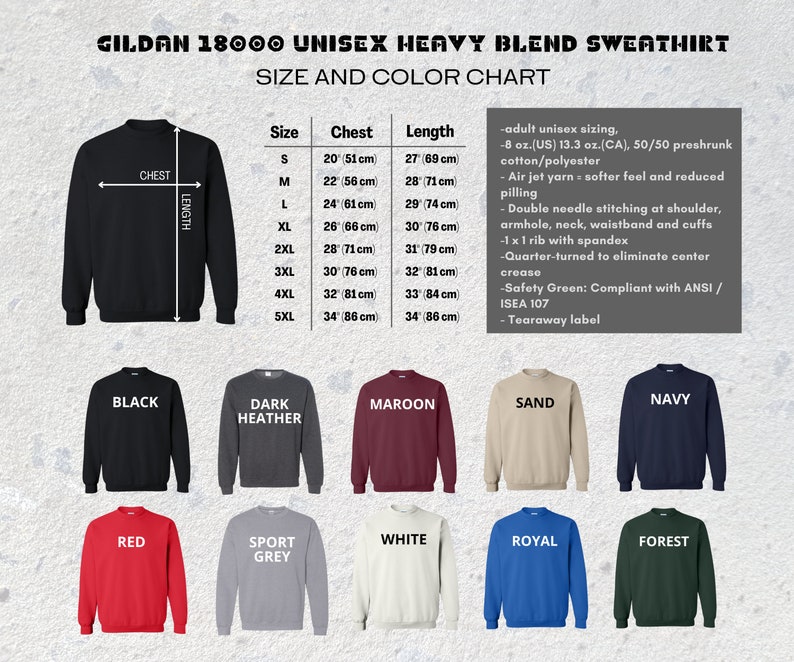 Puede incluir: Tabla de tallas para sudaderas de mezcla pesada unisex en varios colores, incluyendo negro, gris oscuro jaspeado, granate, arena, azul marino, rojo, gris deportivo, blanco, azul real y bosque. La tabla muestra las medidas de pecho y largo en pulgadas y cent&iacute;metros para las tallas S a 5XL. El texto tambi&eacute;n describe la composici&oacute;n de la tela y las caracter&iacute;sticas de las sudaderas.