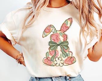 Comfort Colors® Floral Easter Rabbit Shirt, Happy Easter Shirt, Floral  Bunny Shirt, Grand Millennial Easter T Shirt,Cute Easter Bow T-Shirt