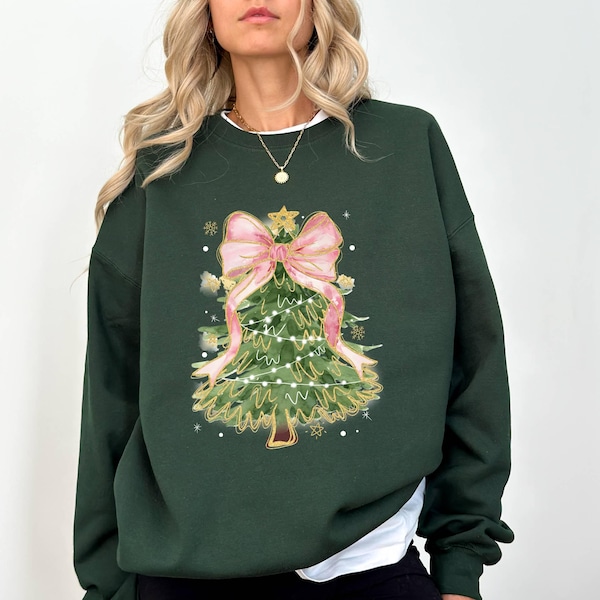 Christmas Tree Bow Sweatshirt, Coquette Colorful Christmas Tree Sweatshirt, Christmas Sweatshirt, for Women, Watercolor Christmas Tree Sweat
