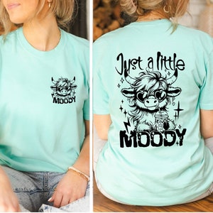 Puede incluir: Una camiseta turquesa con un gr&aacute;fico negro de una vaca con gafas de sol y sosteniendo una bebida. El texto "Just a little MOODY" est&aacute; impreso en la parte posterior de la camiseta.