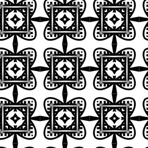 May include: Black and white geometric pattern with repeating squares and four-pointed stars. The pattern is symmetrical and has a traditional feel.