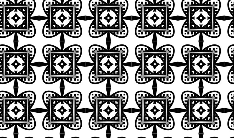 May include: Black and white geometric pattern with repeating squares and four-pointed stars. The pattern is symmetrical and has a traditional feel.