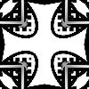 May include: Black and white geometric pattern with a repeating design of four stylized leaves. The pattern is symmetrical and creates a sense of movement.