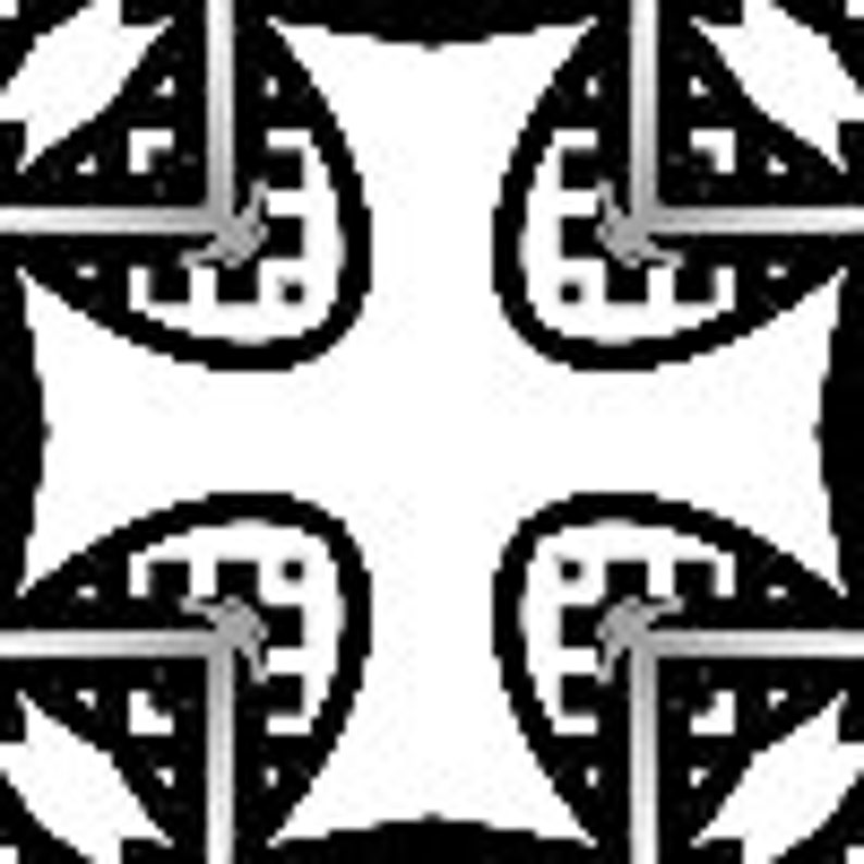 May include: Black and white geometric pattern with a repeating design of four stylized leaves. The pattern is symmetrical and creates a sense of movement.