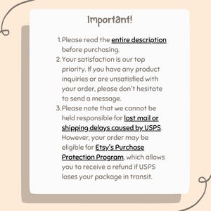 May include: A white rectangular card with rounded corners, featuring the word "Important!" at the top. The card contains numbered bullet points with text about reading the description, customer satisfaction, and shipping policies.