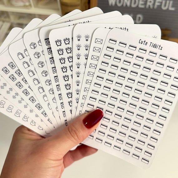 Micro Icon Stickers: Minimalist Stickers for Bullet Journal & Planners, Functional Labels (Self-Care, Finance, Chores)