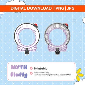 Puede incluir: Dos diseños de descarga digital de un objeto circular con un diseño de estrella y ala, en blanco y negro y morado. El texto "DIGITAL DOWNLOAD | PNG | JPG" está en la parte superior. El texto "MYTH Fluffy Printable" está en la parte inferior.