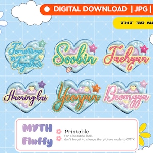 Puede incluir: Seis diseños coloridos en forma de corazón con los nombres "Tomorrow Together", "Soobin", "Jaehyun", "Huening Kai", "Yeonjun" y "Beomgyu" en estilo 3D. El texto "TXT 3D HEART" está en la parte superior de la imagen.