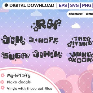 Op de afbeelding: Een digitale download van acht pixel art-bloemontwerpen met de namen van de leden van de Zuid-Koreaanse boyband BTS: RM, Jin, J-Hope, Suga, Jimin, V, Jungkook en Tae-hyung. De ontwerpen zijn in zwart-wit en zijn geplaatst tegen een roze en paarse achtergrond.