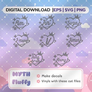 Könnte beinhalten: Digitaler Download-Grafik mit herzförmigen Designs, Kronen und Namen wie "RM", "Jin" und "Suga". Das Bild enthält auch den Text "Make decals" und "Vinyls with these cut files."