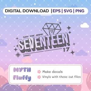 以下が含まれることがあります： 「SAY THE NAME SEVENTEEN CARAT 17」というテキストが黒と白のダイヤモンドの形で書かれたグラフィックデザインのデジタルダウンロード。デザインは、ピンクとブルーのグラデーションの背景に雲と星が配置されています。