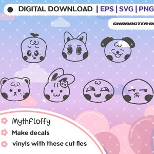May include: Set of seven digital cut files featuring cute cartoon characters with different expressions. The characters are drawn in a simple, minimalist style and are perfect for creating stickers, decals, or other crafts.