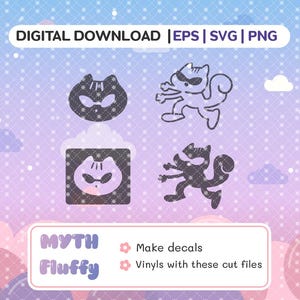 Puede incluir: Cuatro ilustraciones digitales en blanco y negro de gatos con gafas de sol. Los gatos están en varias poses, incluyendo sentados, de pie y corriendo. El texto "MYTH Fluffy" está en la parte inferior de la imagen.