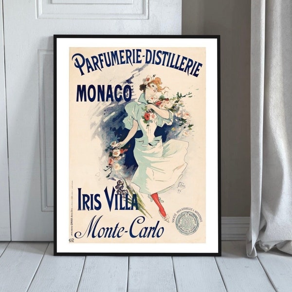 Cartel publicitario de perfumería, Distillerie Monaco, Jules Chéret Monte Carlo 1897 Mujer en vestido azul blanco Flores, Perfume, Riviera, Arte de pared