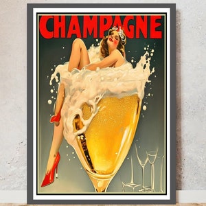 plakat szampana, kobieta w flecie szampana, miłośnik Bubbels, sztuka ścienna, wystrój pubu, reklama szampana, modne wydruki ścienne