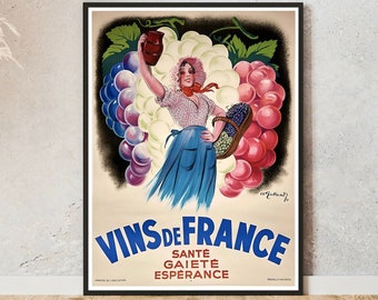 French Wine Vintage Poster, Ad for French Wine, Sante Gaiete Esperance, Restaurant Decoration, Cafe Decoration, Mancave, Alcohol