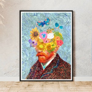 Selbstporträt von Vincent van Gogh mit Blumen und Schmetterlingen, lustiger van Gogh, Geschenkidee