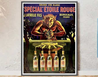 Grand Vin Blanc Vintage Poster, Devil washing grapes in a fountain of gold, Spécial Étoile Rouge, Bordeaux, Alcohol poster, Pubdecor