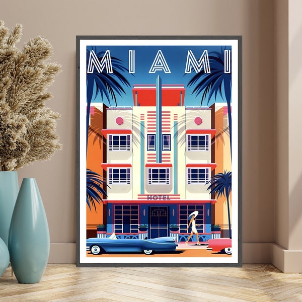 Miami Art Deco Poster Florida Wall Art Miami Poster, Miami Print, Hotel, Blue Orange White Pastel colors Home Decor Art, USA Miami travel print