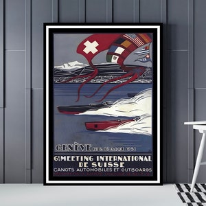Campeonato del mundo de lanchas rápidas Ginebra, Vintage Riva Poster 1931, Navegación, Automóviles Canots