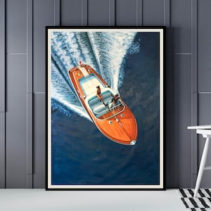 Manifesto della barca Riva Aquarama | Stampa artistica classica di barca in legno per arredamento nautico e regalo per gli amanti delle barche d'epoca