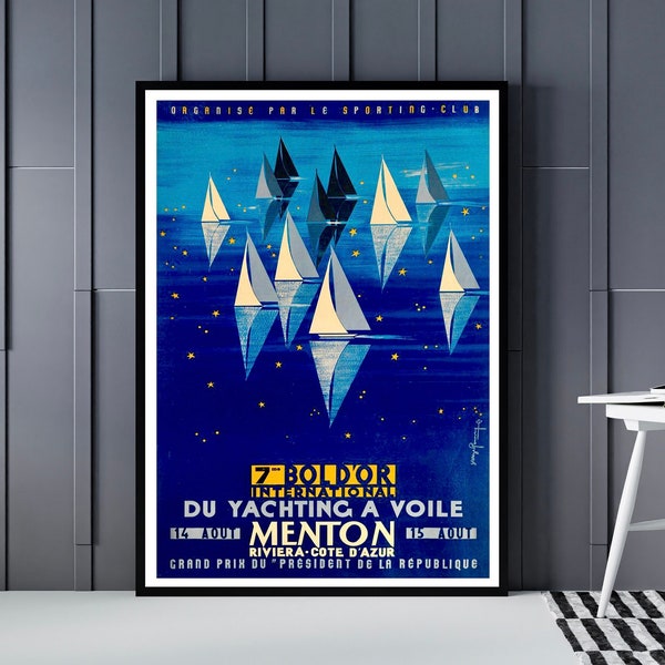 Cartel de la Regata Menton, 7o yate internacional Bol D'or, cartel de navegación, Riviera Costa Azul, navegación a vela, vida de navegación