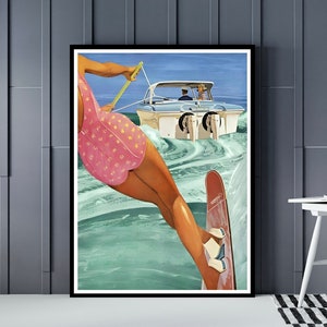 Woman waterskiing vintage Poster, sailing, watersports, speedboat