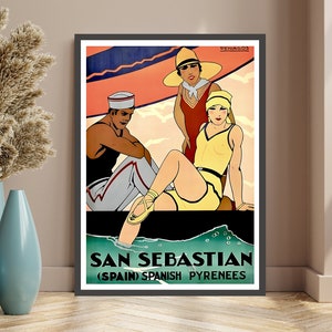 Cartel de San Sebastián, Mujer de moda con hombres en la playa de San Sebastián