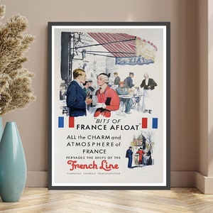 Cartel de crucero, viaje en línea francesa, Francia a flote, cartel de viaje vintage, idea de regalo, decoración de pared, decoración de pub, cueva del hombre
