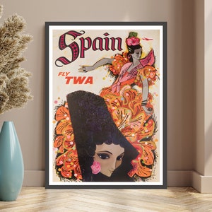 Cartel de viaje TWA vintage de España 1964, Bailarina española, Impresión retro, Bailarina de flamenco Grandes Fiestas Cartel de turismo