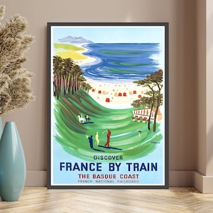 La Cote Basque, französische Wandkunst, französisches Vintage-Poster, Stranddruck, Golfdruck, Vintage-Reiseanzeige, Tourismusdruck, Frankreich mit dem Zug