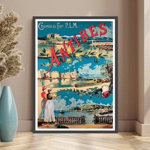 Cartel de viaje de Antibes | Impresión vintage de dos mujeres en la playa de la Costa Azul | Juan Les Pins Arte Decoración | Nostalgia francesa