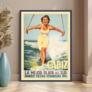 Cartel de turismo de deportes acuáticos de Cádiz España, Esquí acuático mujer Cádiz La mejor playa Grandes vacaciones de verano Viajes de esquí acuático