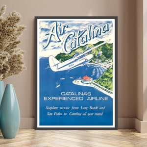 Air Catalina travel poster, seaplane print, flight to Cataline Island, Airlines poster