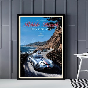 Cartel de la exposición de autos de Pebble Beach, Ferrari GTO, autos antiguos de Concours, póster de Mancave, impresión de autos, arte de pared, diseño del hogar