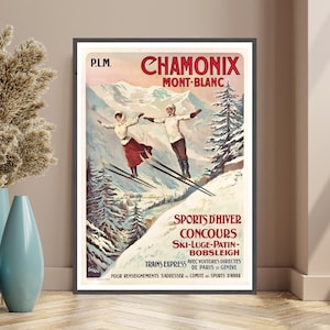 Chamonix Mont Blanc Winter Sports Vintage Ski Poster, travel print