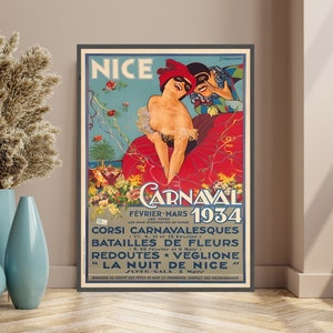 Niza Cote d'Azur travel Print 1934, Cartel vintage, Cartel de Niza, Cartel de Francia, Carnival Travel Wall Art Travel Decor, Impresión de Cote d'Azur