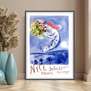 Cartel de Marc Chagall Nice Soleil Fleurs, cartel de la Riviera francesa, Francia, arte de la pared de Chagall, carteles de viajes vintage, Costa Azul