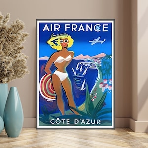 Cartel de viaje vintage de Air France Côte d'Azur, Jacques Auriac 1952, vacaciones en el sur de Francia, playas Niza Cannes Mónaco St. Tropez, arte de pared