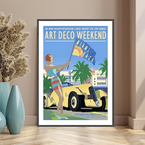 Miami Art Deco Vintage Poster Art Deco weekend on the road, Miami beach, Yellow classic car, Miami scene