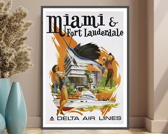 Miami Travel Poster Delta Air lines Fort Lauderdale, Florida USA, Fort Lauderdale print, Miami Print, Fort Lauderdale Retro Travel Poster